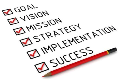 Goal, vision, mission, strategy, implementation, success. List with the marks 库存插图