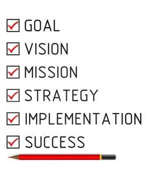 Goal, vision, mission, strategy, implementation, success. List with the marks Ilustração Stock