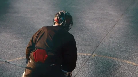 Goalie pov outdoor street hockey Stock Footage