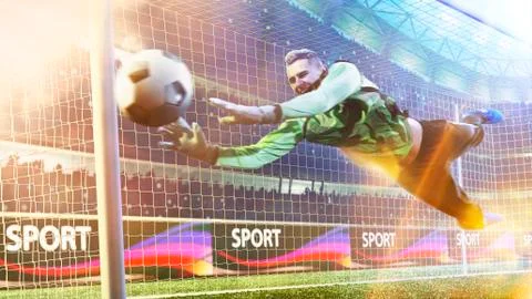 Goalkeeper catches the ball in the soccer stadium Stock Photos