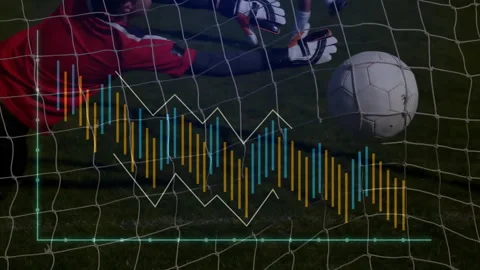 Goalkeeper diving into net after ball launch causing sports tech bars shifting, Stock Footage 310659320