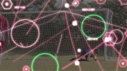Goalkeeper diving, saving shot on goal, sports HUD marking goal while blue Vídeos de archivo 334369438