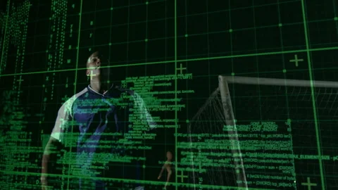 Goalkeeper scanning pass through code grid, tech overlay intensifying, opponent Stock Footage 316352175