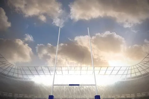 Goalpost is standing center of flat vector stadium field, arched roof and Foto stock
