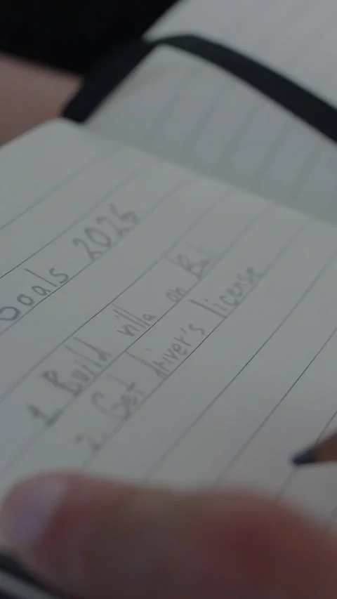 Goals 2026 list on lined pages. Woman sits in car with notebook open... Stock Footage 344455012