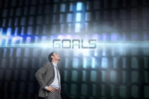 Goals against glowing codes on black background Illustrazione stock