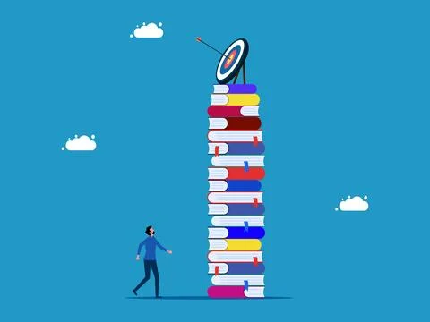 Goals and knowledge. man standing looking at target on high pile of books Stock Illustration
