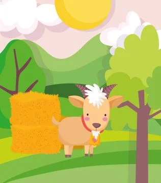 Goat and hay stack trees field sun farm animal cartoon Stock Illustration