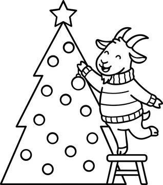 Goat decorating Christmas tree line art icon Stock Illustration