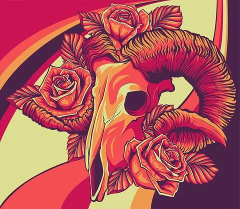 Goat devilish magical symbol and Flowers and roses Stock Illustration