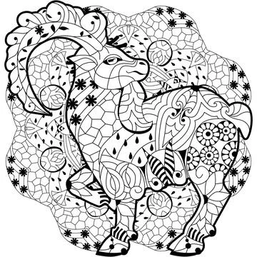 Goat. Hand drawn decorative vector illustration for coloring on mandala Stock Illustration