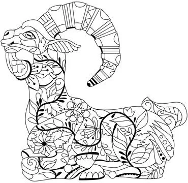 Goat. Hand drawn decorative vector illustration for coloring on mandala Stock Illustration