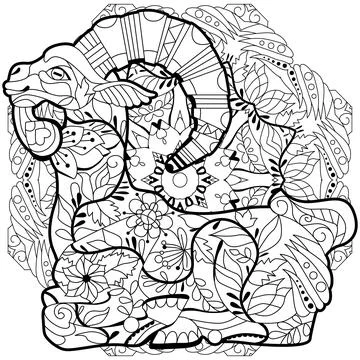 Goat. Hand drawn decorative vector illustration for coloring on mandala Ilustração Stock