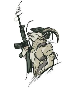 Goat mascot logo design vector. Goat shouldered a weapon. Illustrazione stock