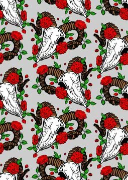 Goat skull and flower pattern seamless. Goat head skeleton And rose backgroun Illustrazione stock