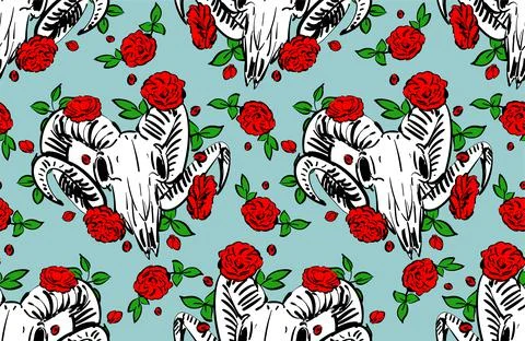 Goat skull and flower pattern seamless. Goat head skeleton And rose backgroun Stock Illustration