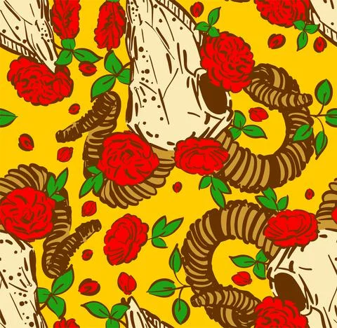 Goat skull and flower pattern seamless. Goat head skeleton And rose backgroun Stock Illustration