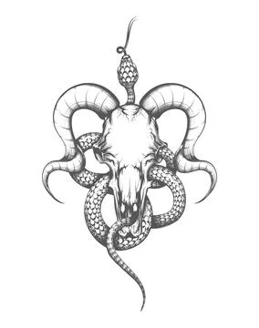 Goat skull and Snake etching Tattoo Illustrazione stock