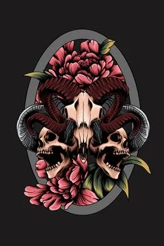 Goat skull with human skull vector illustration Stock Illustration