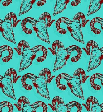 Goat skull pattern seamless. Goat head skeleton hand drawing background. Vect Stock Illustration