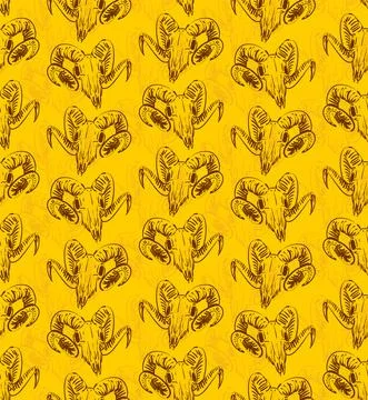 Goat skull pattern seamless. Goat head skeleton hand drawing background. Vect Stock Illustration