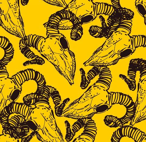 Goat skull pattern seamless. Goat head skeleton hand drawing background. Vect Stock Illustration