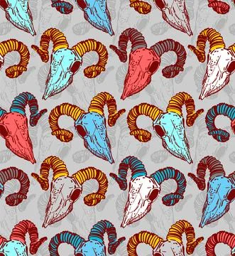 Goat skull pattern seamless. Goat head skeleton hand drawing background. Vect Stock Illustration