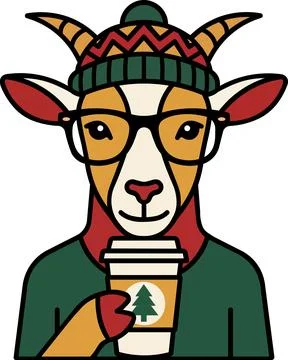 Goat in winter hat drinking warm coffee Stock Illustration