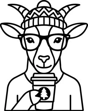 Goat in winter hat holding coffee icon Stock Illustration