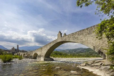Gobbo Bridge also Devil Bridge or Ponte del Diavolo or Ponte Gobbo in Bobbi.. Stock Photos