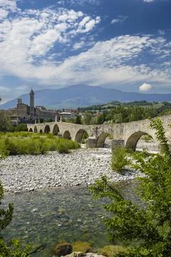 Gobbo Bridge also Devil Bridge or Ponte del Diavolo or Ponte Gobbo in Bobbi.. Stock Photos