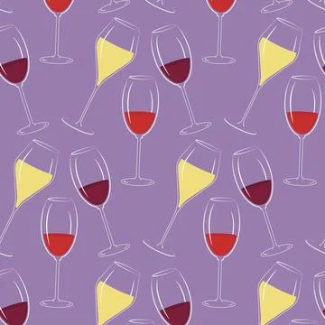 Goblets with White Red and Rose Wine Seamless Pattern on Trendy Lilac Backdrop Stock Illustration