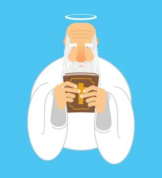 God and Bible. Gray-haired old man with halo. Holy book Illustration