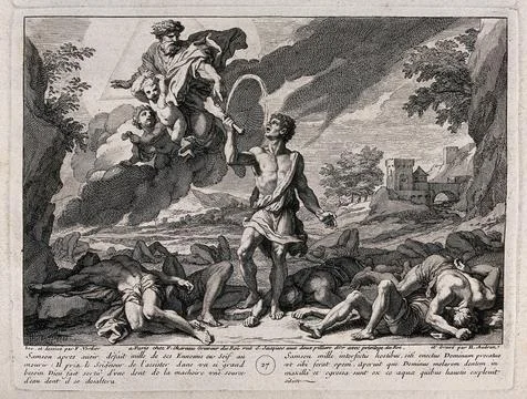 God and two cherubs make water flow from the ass's jaw that Samson has used.. Stock Illustration
