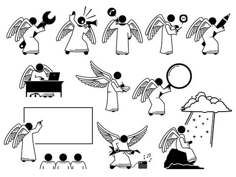 God angel using and holding different kind of objects stick figure pictogram  Stock-Illustration