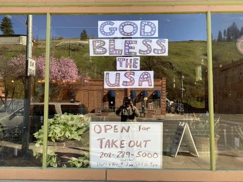 GOD BLESS THE USA Open for Take-Out Covid 19 Brew Pub Sign, Kendrick, Idaho Stock Photos