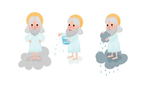 God Character with Nimbus Standing on Cloud Pouring Rain and Snow Vector イラスト素材