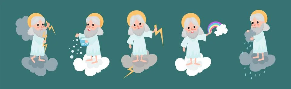 God Character Sitting on Cloud Doing Different Activity Vector Set 스톡 일러스트
