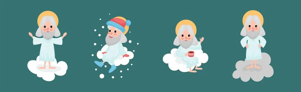 God Character Sitting on Cloud Doing Different Activity Vector Set 스톡 일러스트