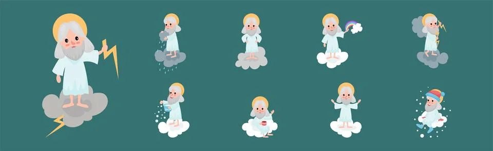 God Character Sitting on Cloud Doing Different Activity Vector Set イラスト素材