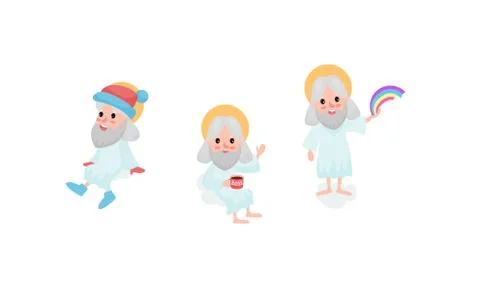 God Character Sitting on Cloud Drinking and Holding Rainbow Vector Illustration 스톡 일러스트