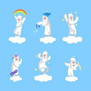 God Character with White Beard and Halo Creating in Heaven on Fluffy Cloud Stock Illustration