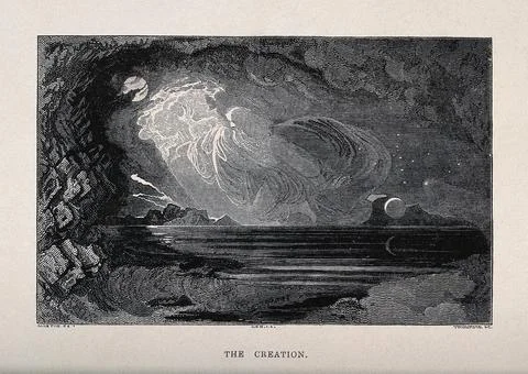 God creates light over the waters. Wood engraving by Thompson after J. Martin Stock Illustration