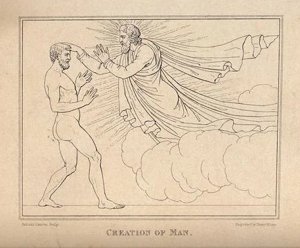 God creates man, his hand inspiring life into the head of Adam. Etching by .. Stock Illustration