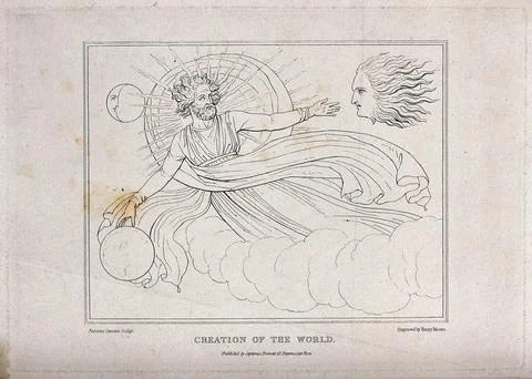 God creates the sun, moon and earth. Etching by H. Moses after A. Canova. Stock Illustration