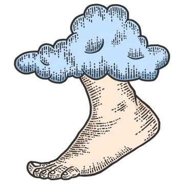 God footsteps out of the cloud. Engraving vector illustration. Stock Illustration