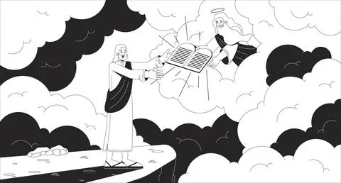 God giving Moses ten commandments line illustration 库存插图