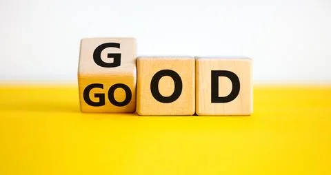God is good symbol. Turned a cube with words 'God is good'. Beautiful yellow  写真素材