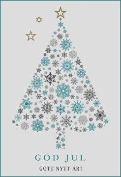 God Jul tree vector with snowflakes, stars and Gott Nytt Ar swedish greetings. Stock Illustration