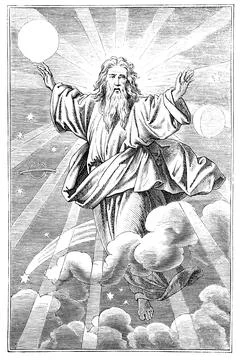 God made Sun, Moon and Stars, Fourth Day of Creation.Bible, Genesis, Old Stock Illustration